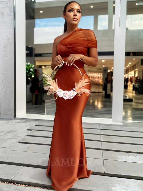 bridesmaid dresses_Sheath/Column Classic One-Shoulder Satin Floor-Length Bridesmaid Dress With Pleated - Glamlora