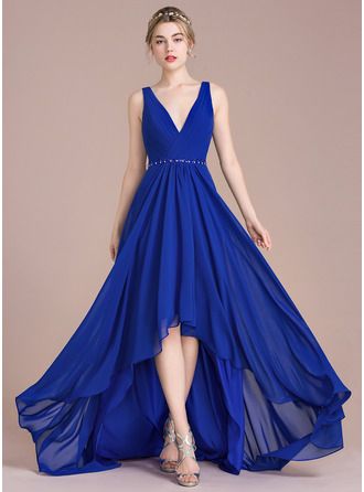bridesmaid dresses_[€ 156] A-Linie V-Ausschnitt Asymmetrisch Chiffon Ballkleid mit Rüschen Perlstickerei Pailletten  - JJ's House