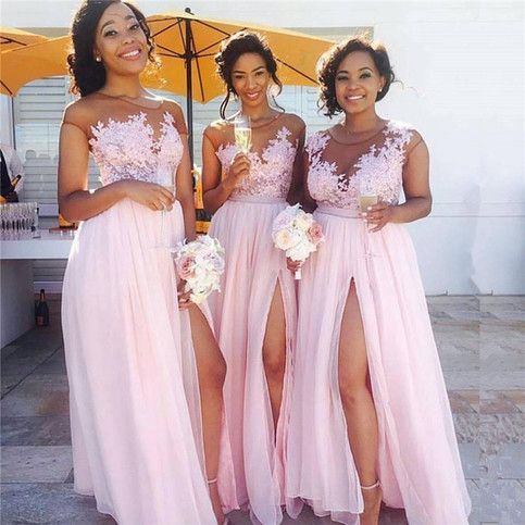 bridesmaid dresses_Pink Lace Chiffon Sexy Bridesmaid Dresses Splits Long Dress for Maid of Honor