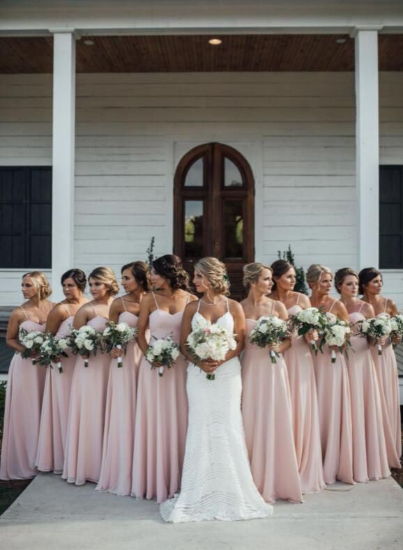 bridesmaid dresses_Spaghetti strap pink chiffon long bridesmaid dresses