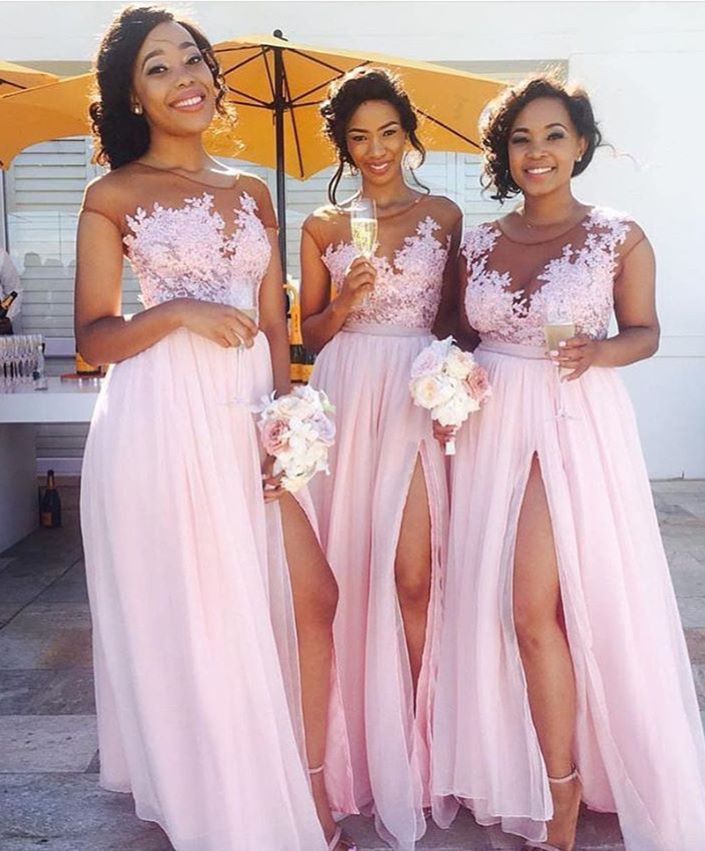 bridesmaid dresses_Lace Appliqued Sexy Mismatched Bridesmaid Dresses,Pink Bridesmaid Dresses,Long Bridesmaid Dresses with Slit,160