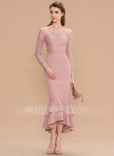 bridesmaid dresses_[€ 155] Forme sirène/trompette hors-la-épaule asymétrique dentelle crêpe stretch robe de demoiselle d'honneur avec robe à volants  - JJ's House