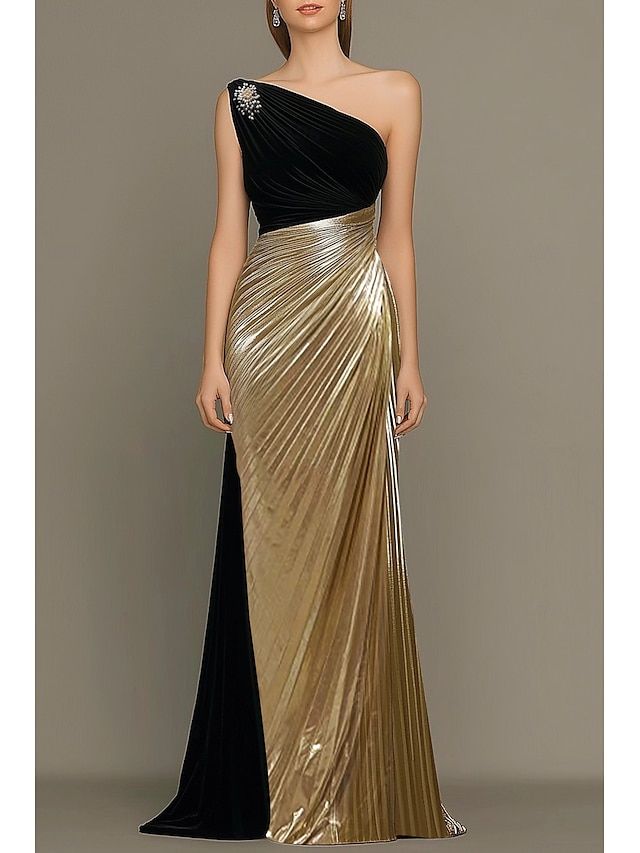 elegant dresses_Black Gold Column Evening Gown Elegant Dress Formal Wedding Guest Floor Length Sleeveless One Shoulder Mother Of the Bride Dress Satin with Rhinestone Pleats