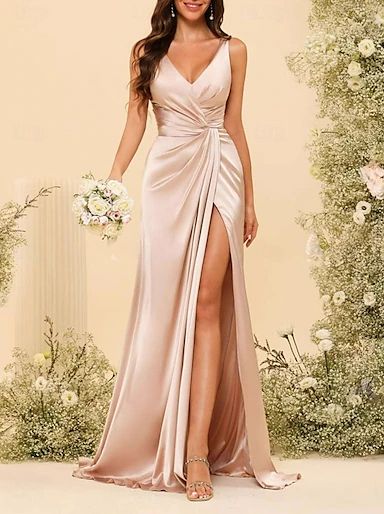 bridesmaid dresses_Mermaid / Trumpet / Sheath / Column Bridesmaid Dress Bateau Neck Sleeveless Pink Floor Length Stretch Fabric with Ruching / Solid Color 2022 2025 - $159.99