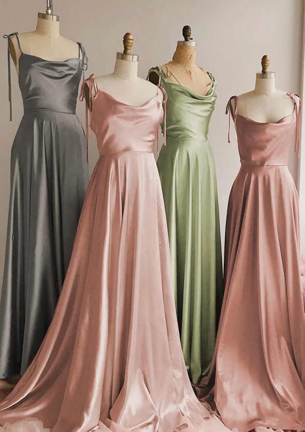 bridesmaid dresses_A-line Cowl Neck Spaghetti Straps Long/Floor-Length Charmeuse Bridesmaid Dress With Split- Bridesmaid Dresses - Stacees