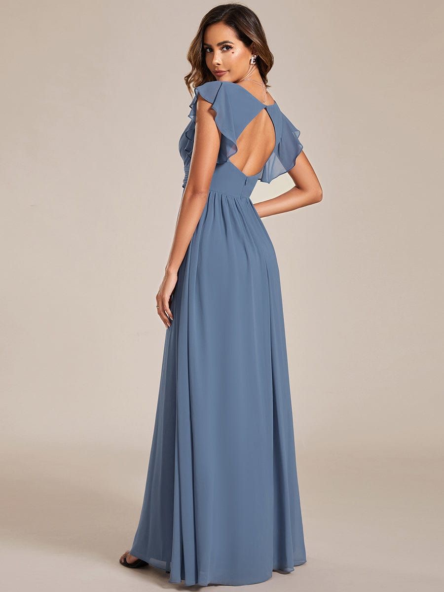 bridesmaid dresses_Back Cutout A-Line Pleated Ruffles Sleeve Chiffon Bridesmaid Dress