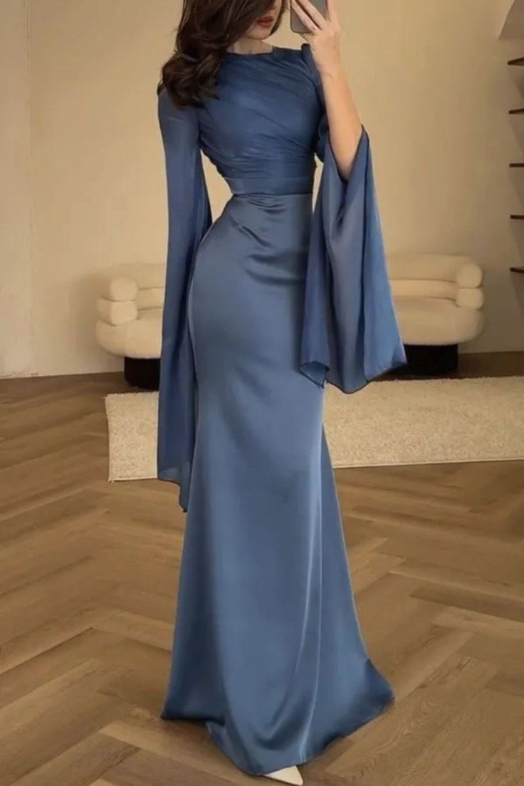 elegant dresses_Liora Ruched Organza and Satin Patchwork Design Long Bell Slit Sleeve Maxi Dress