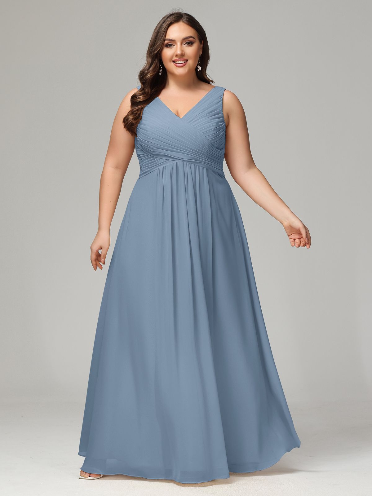 bridesmaid dresses_V-neck Straps Chiffon Plus Size Long Bridesmaid Dresses - Dusk