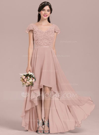 bridesmaid dresses_[€ 159] Coupe évasée col v asymétrique mousseline dentelle robe de demoiselle d'honneur avec brodé paillettes  - JJ's House