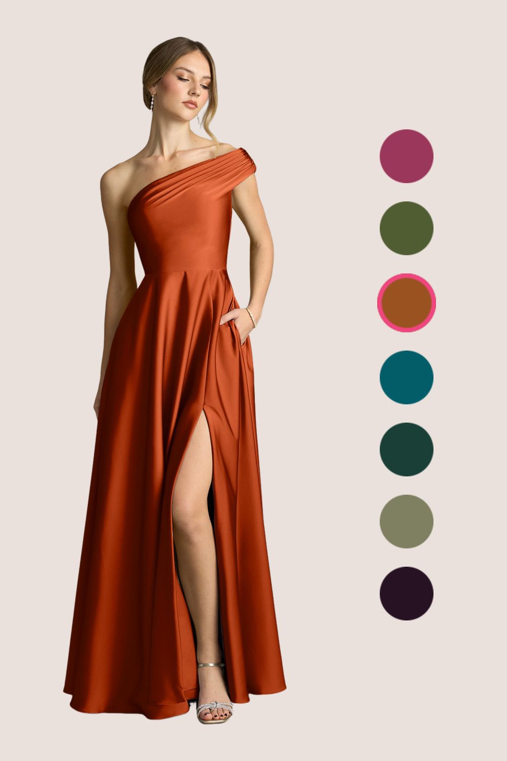 bridesmaid dresses_Azazie  A-Line One-Shoulder Floor-Length Stretch Satin Bridesmaid Dresses - Paprika