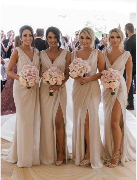 bridesmaid dresses_Sheath V-Neck Sweep Train Chiffon Bridesmaid Dress with Split