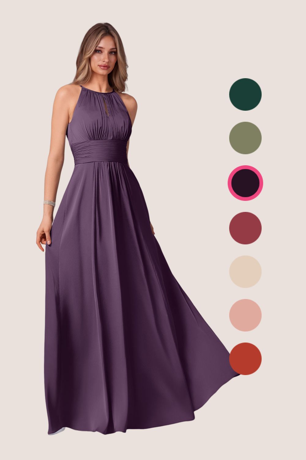 bridesmaid dresses_Azazie  A-Line Halter Neck Floor-Length Stretch Satin Bridesmaid Dresses - Plum