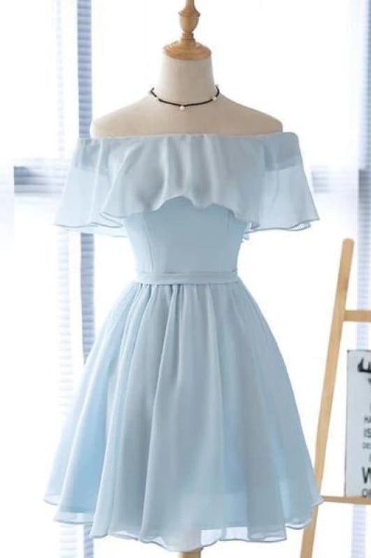 graduation dresses_Light Blue Off the Shoulder Chiffon Homecoming Cute Short Graduation Dress