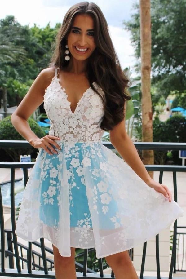 homecoming dresses_Rosalind |A-Line V-Neck Sky Blue Homecomig Dress with Appliques - Blue / 8