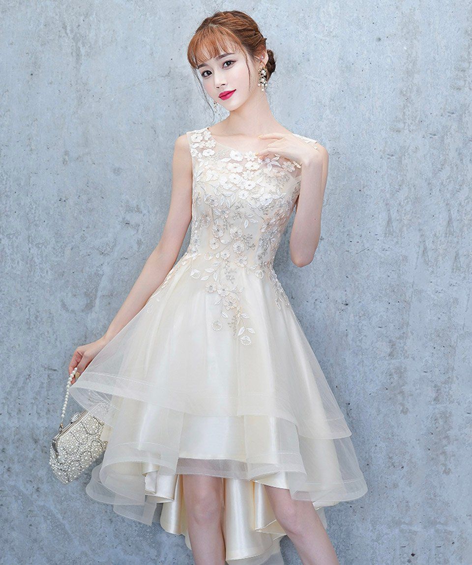 homecoming dresses_Champagne tulle lace high low prom dress party dress from Little Cute