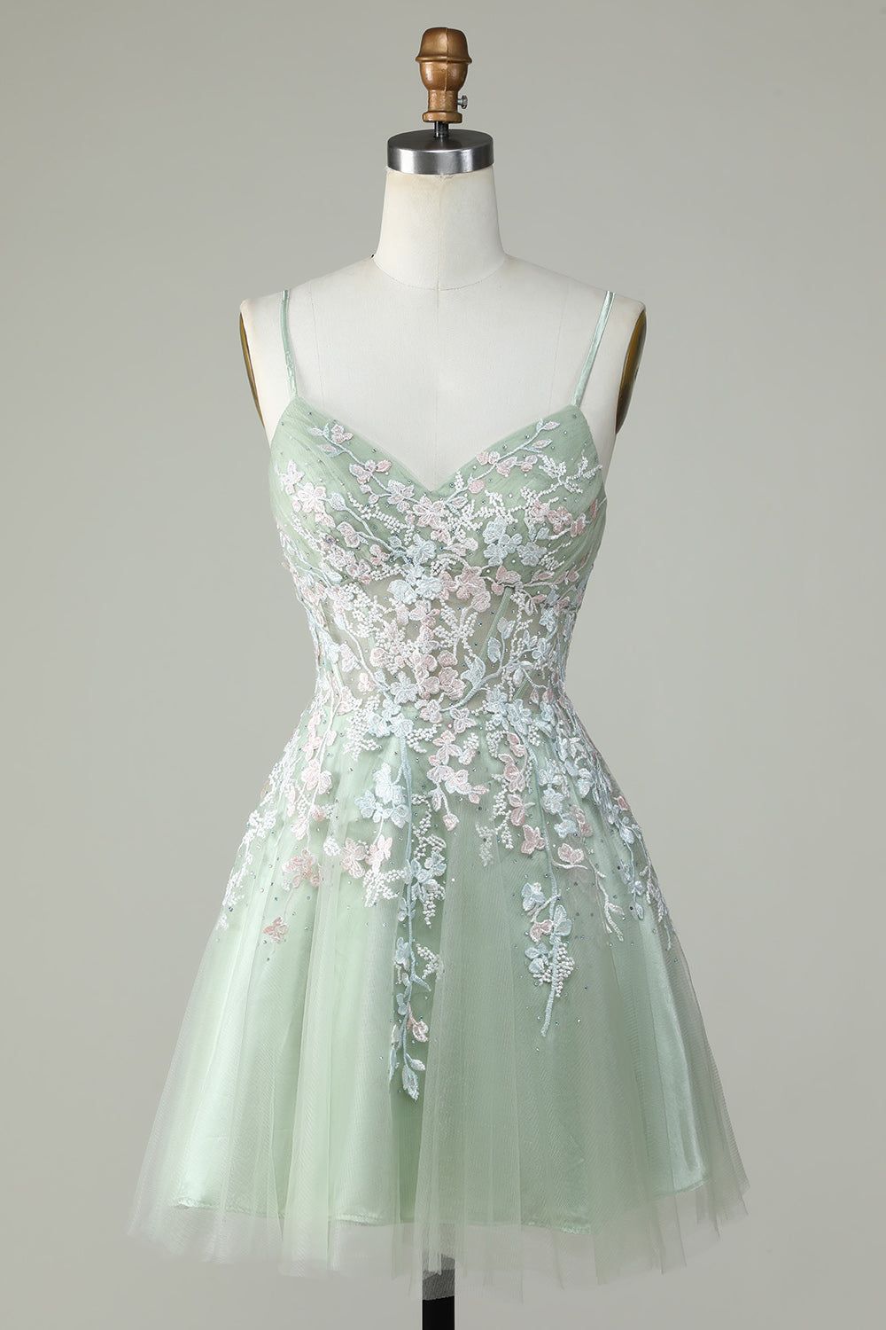 homecoming dresses_Dusty Sage Green Spaghetti Straps Homecoming Dress With Criss Cross Back