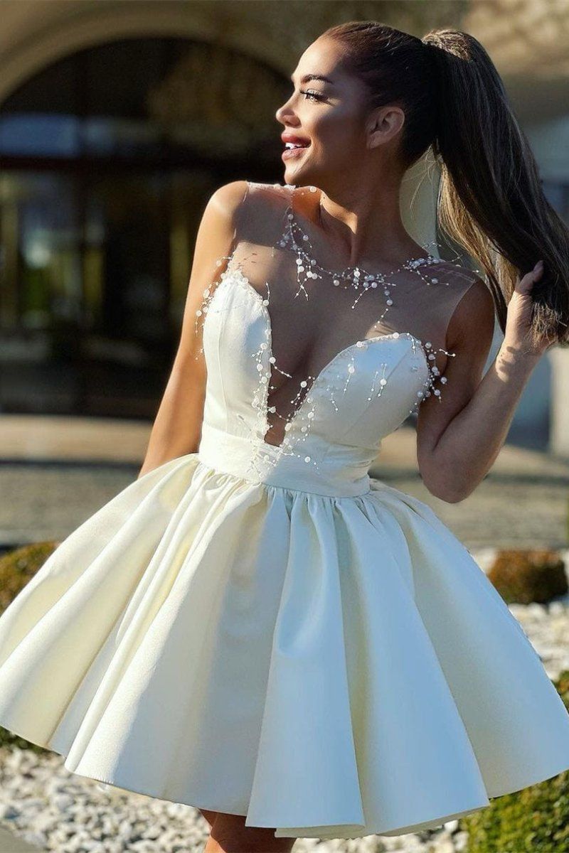 homecoming dresses_Seraphina |A-Line Illusion Neck Ivory Short Homecoming Dress with Beads - Ivory / 10