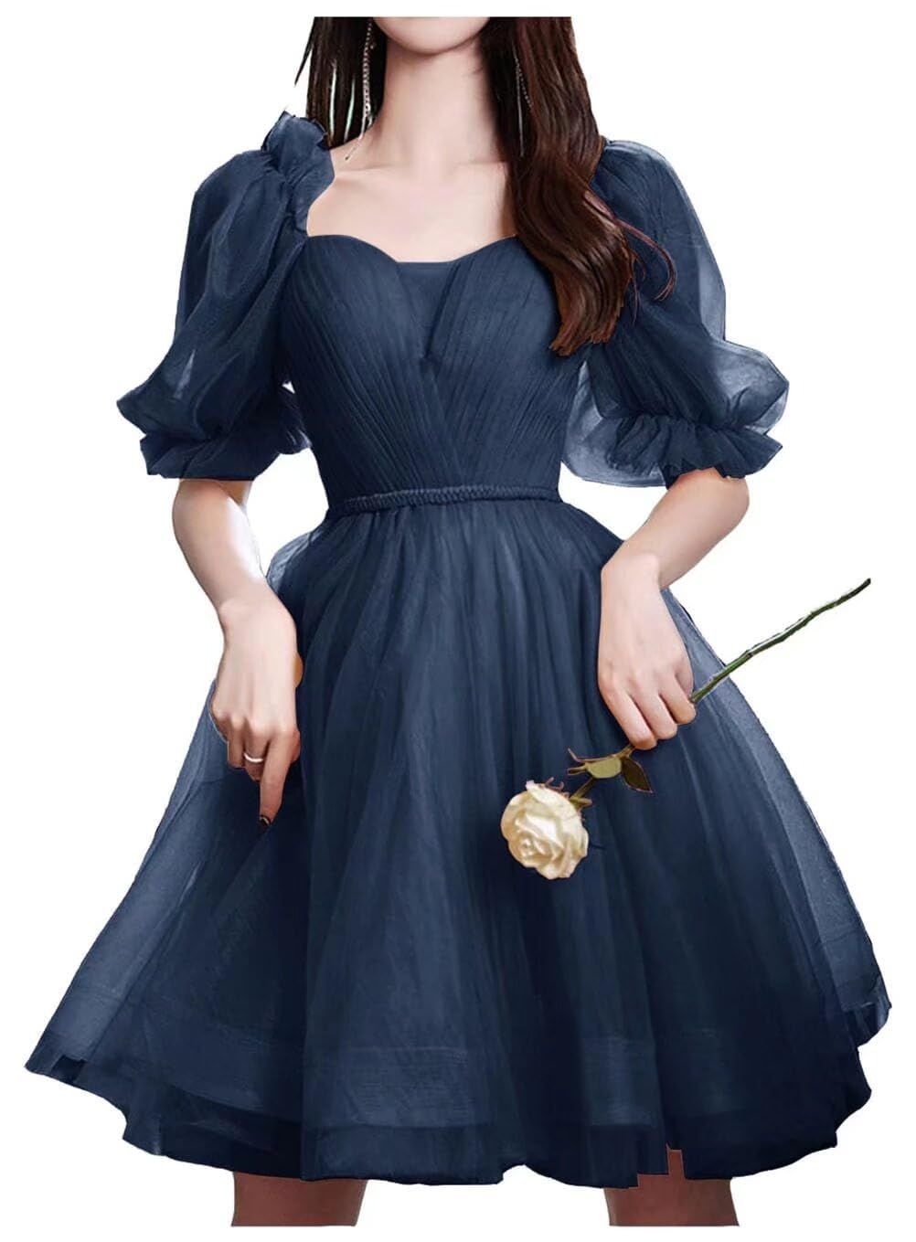 homecoming dresses_A Line Puffy Sleeves Homecoming Cocktail Dress for Women, Ruffled Short Tulle Party Dress Off Shoulder Formal Gown