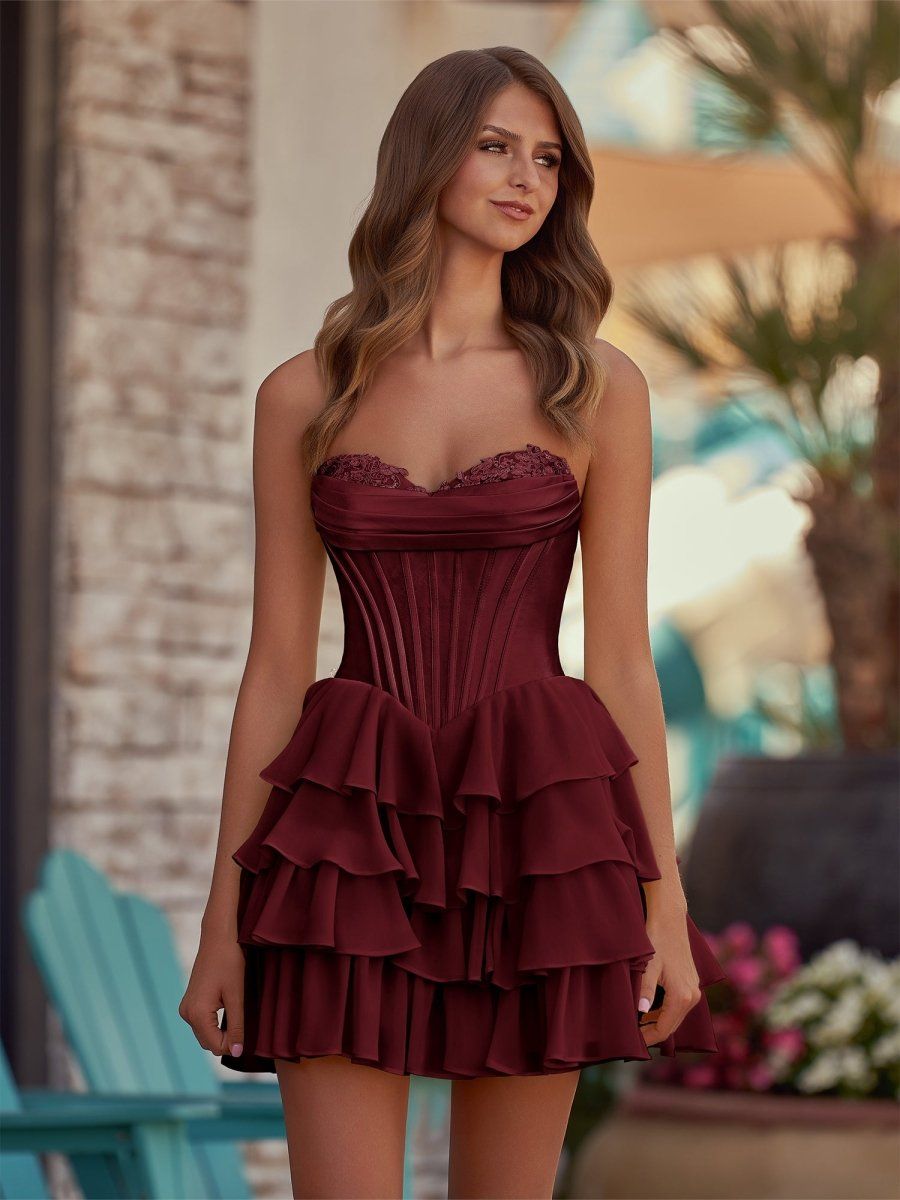 homecoming dresses_Lenne | Yellow - A-Line Sweetheart Corset Ruffle Homecoming Dress With Applique - Burgundy / 0