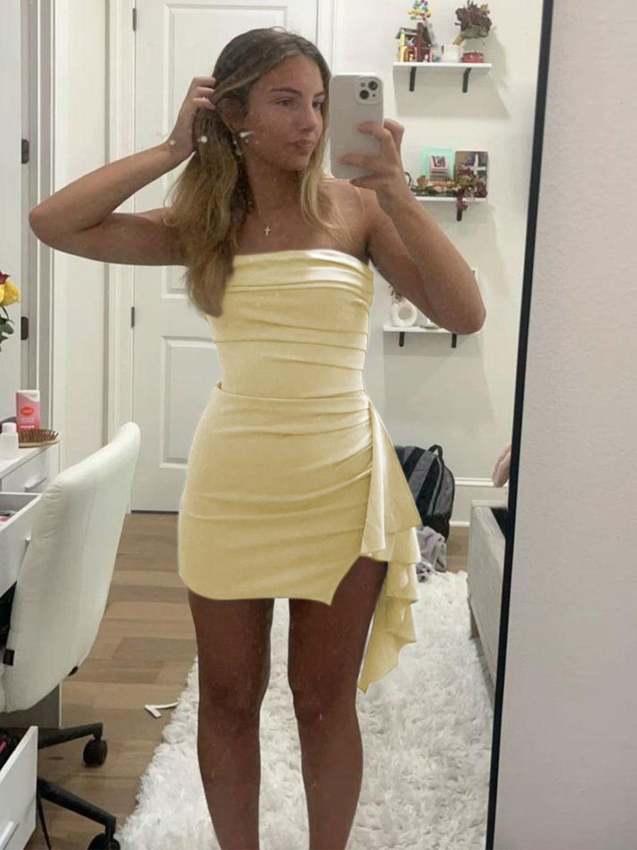 homecoming dresses_Eldona | Yellow - Strapless Spandex Bodycon Homecoming Dress With Slit