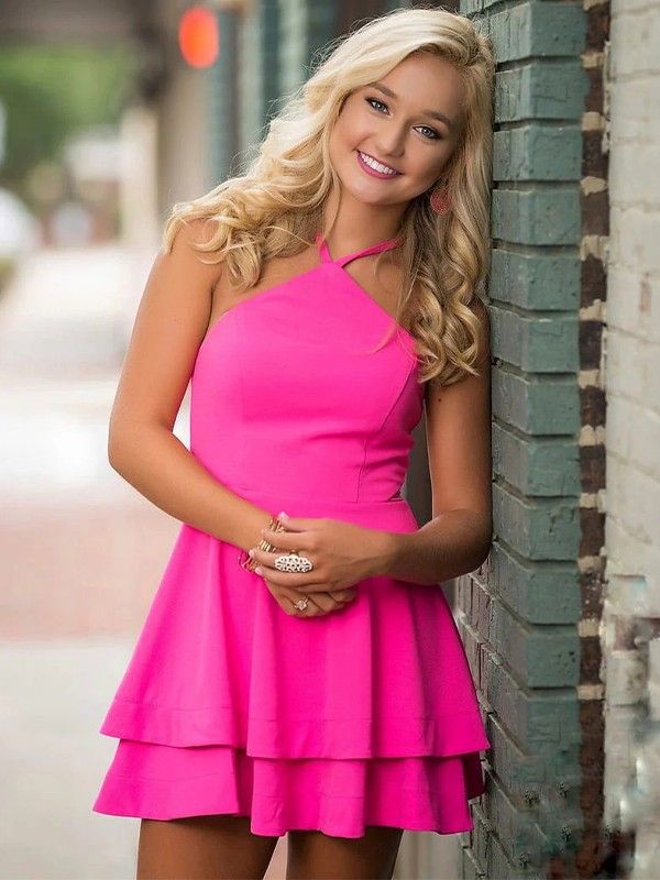 homecoming dresses_Hot Pink Layered Halter Sleeveless Short/Mini Cocktail Dresses