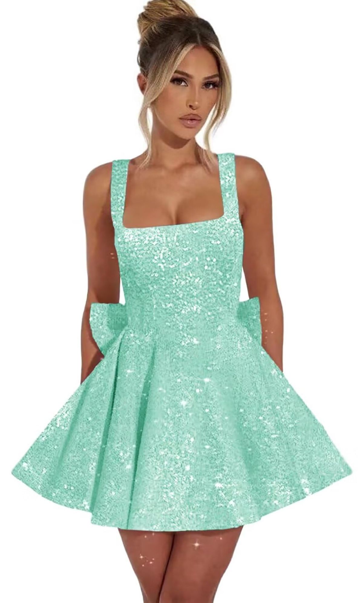 homecoming dresses_Atcycrco Puffy Sequin Homecoming Dresses for Teens with Bow Wide Strap Sparkly Short Prom Cocktail Party Dress