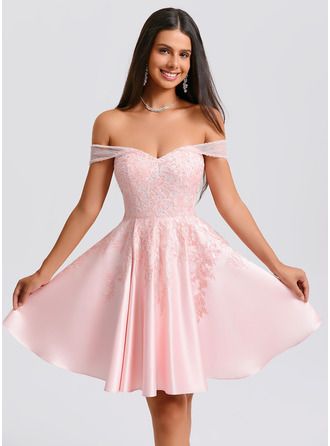 homecoming dresses_JJ's House A-line Off the Shoulder Short Satin Homecoming Dress With Rhinestone Appliques Lace Beadi