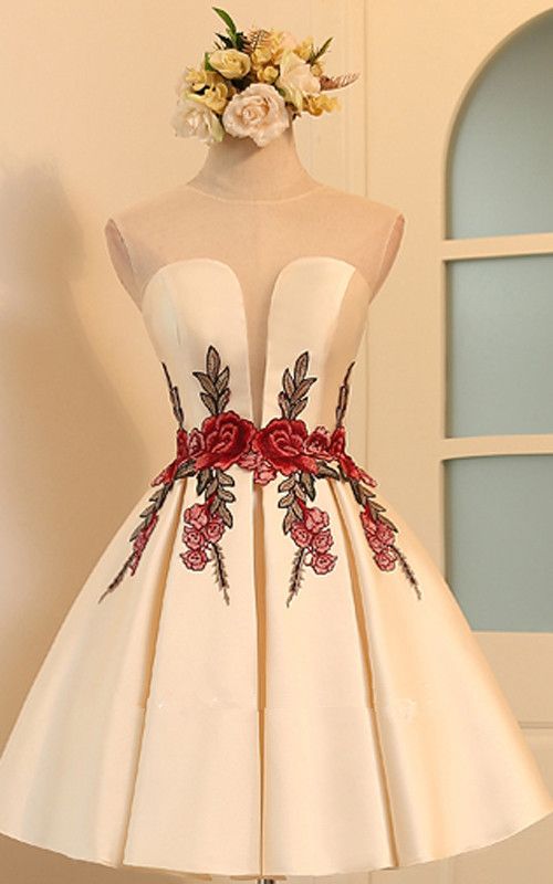 homecoming dresses_Knee Length A Line Champagne V Neckline Cap Sleeve Ruched Appliques Satin Short Homecoming Dress