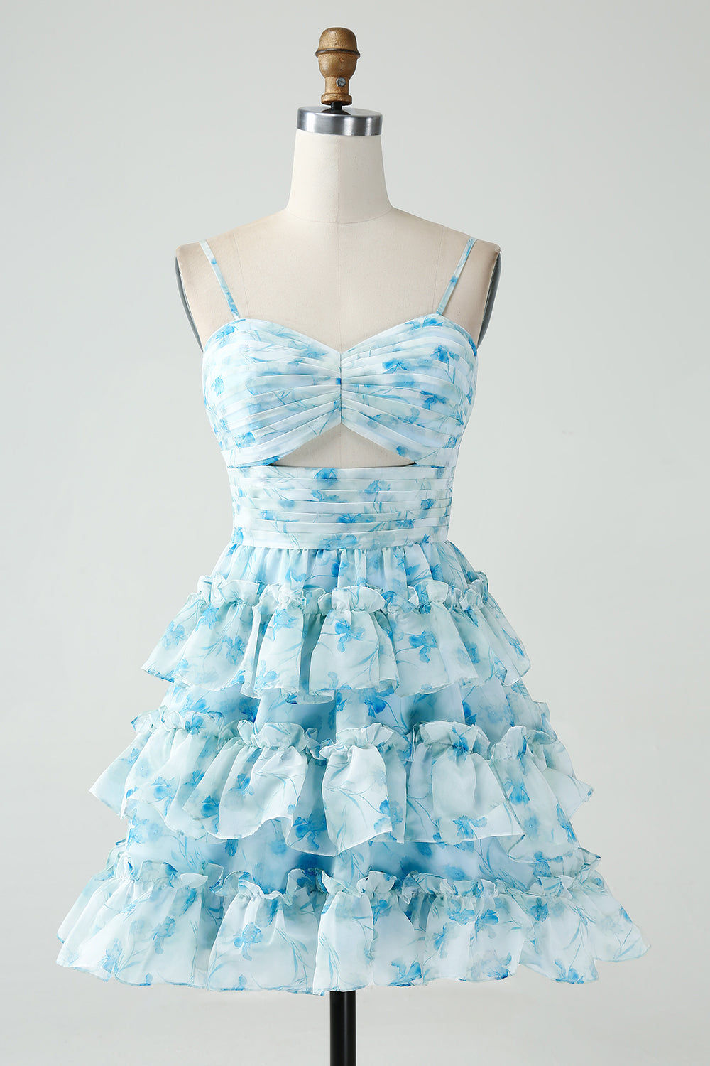 homecoming dresses_A-Line Spaghetti Straps Tiered Blue Floral Short Homecoming Dress