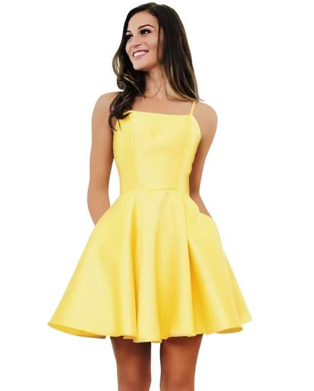 homecoming dresses_Falsery Satin Short Homecoming Dresses with Pockets for Teens Spaghetti Straps Prom Dress for Women 2025