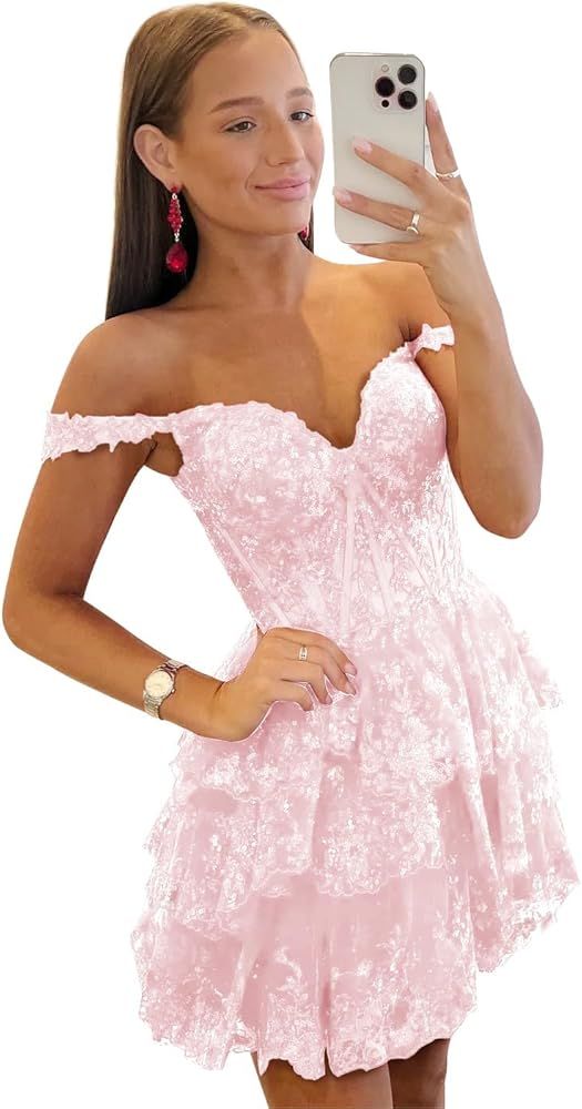 homecoming dresses_EYASDYUP Sparkly Lace Appliques Homecoming Dresses 2025 for Teens Short Tiered Corset Prom Dress Formal Party Gowns