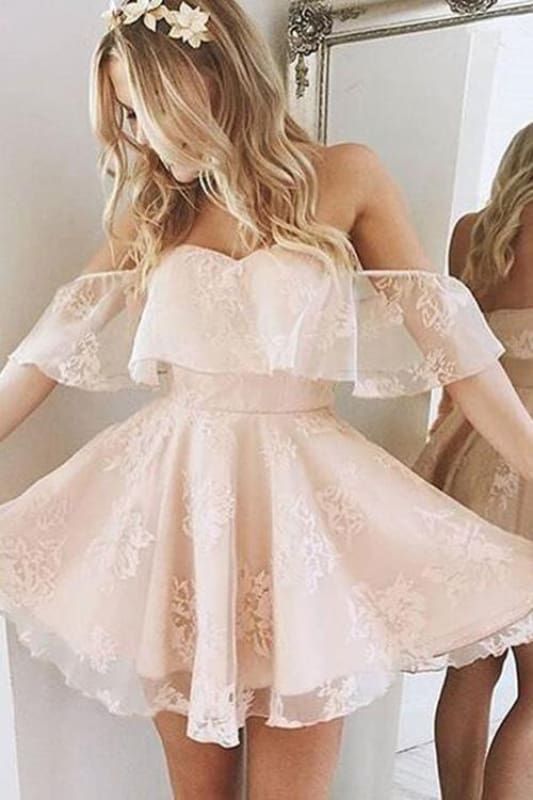 homecoming dresses_Cheap Pearl Pink Lace Sweet Homecoming Dress