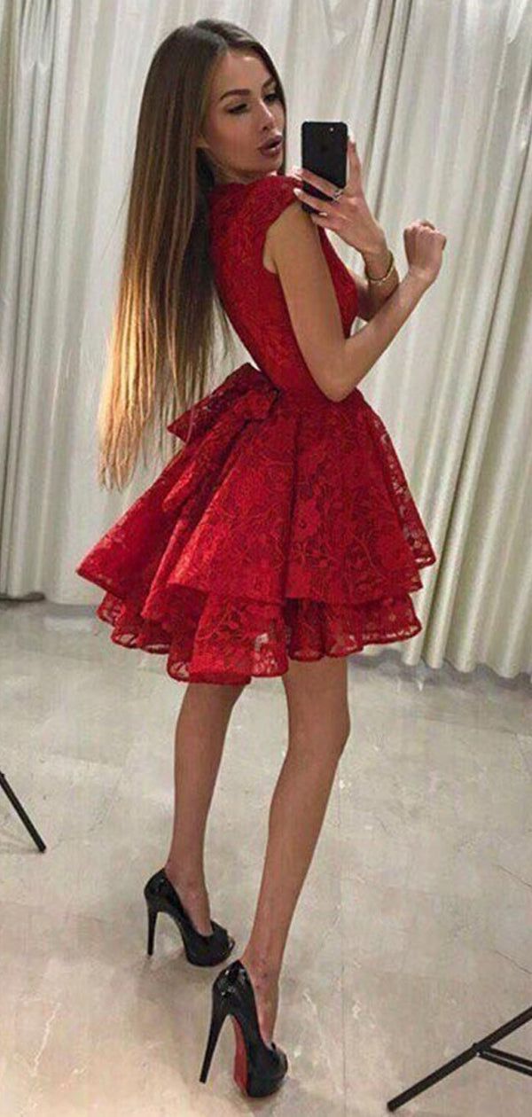 homecoming dresses_Red Lace Tiered Sleeveless Bowknot Mini Homecoming Dresses,HD0027 - US18 / Picture color