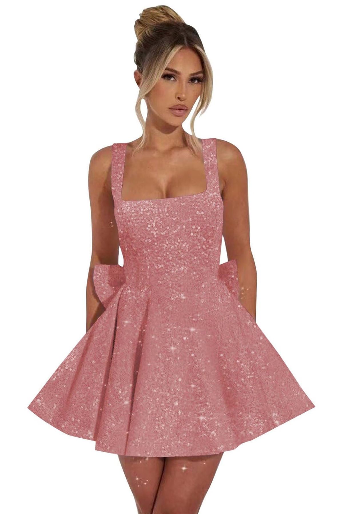 homecoming dresses_Qgeno Sparkly Sequin Homecoming Dresses with Bow Short A Line Square Neck Cocktail Party Gown