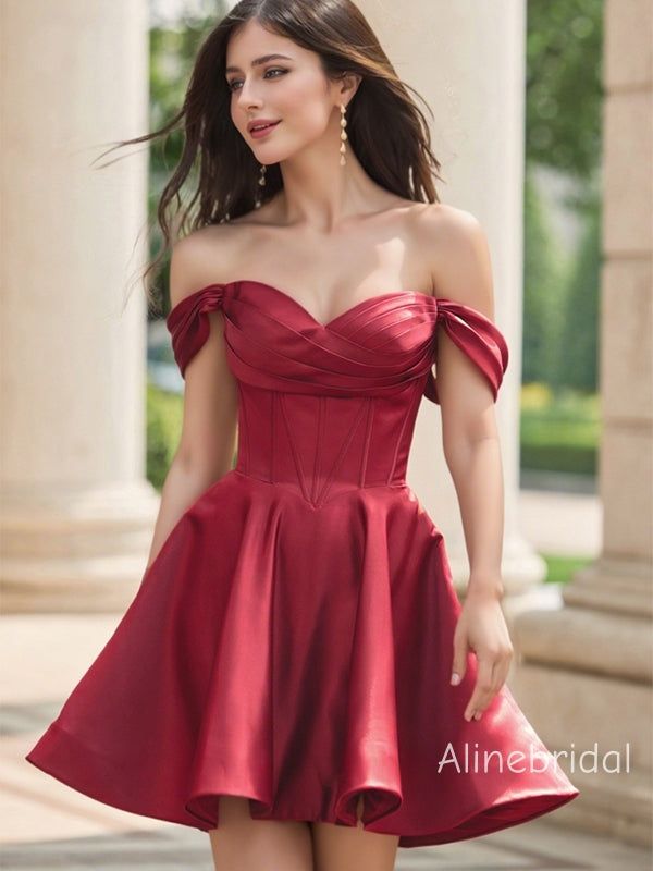 homecoming dresses_Stunning Ruched Off the shoulder Corset Top A-line  Soft Satin Short Homecoming Dress, Prom Dress, PD382248 - US20 / Picture Color