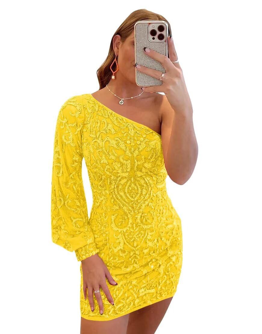 homecoming dresses_PAVERJER Long Sleeves Sequin Homecoming Dresses 2026 Tight One Shoulder Sparkly Mini Prom Dress for Teens