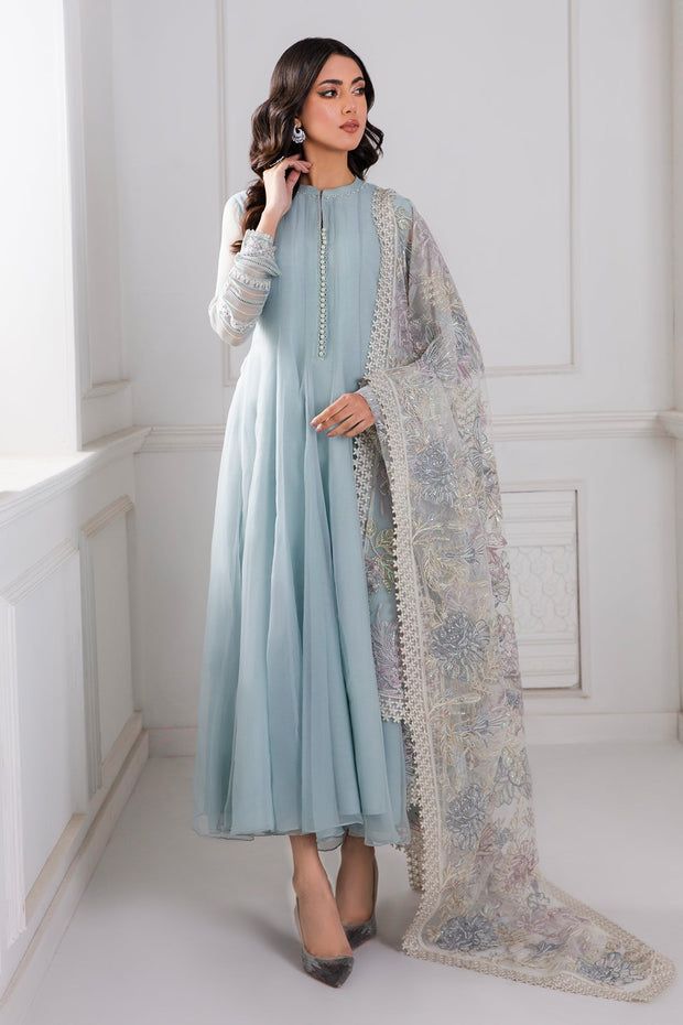 Pakistani dresses_Pakistani Party Frock With Dupatta In Sky Blue Color