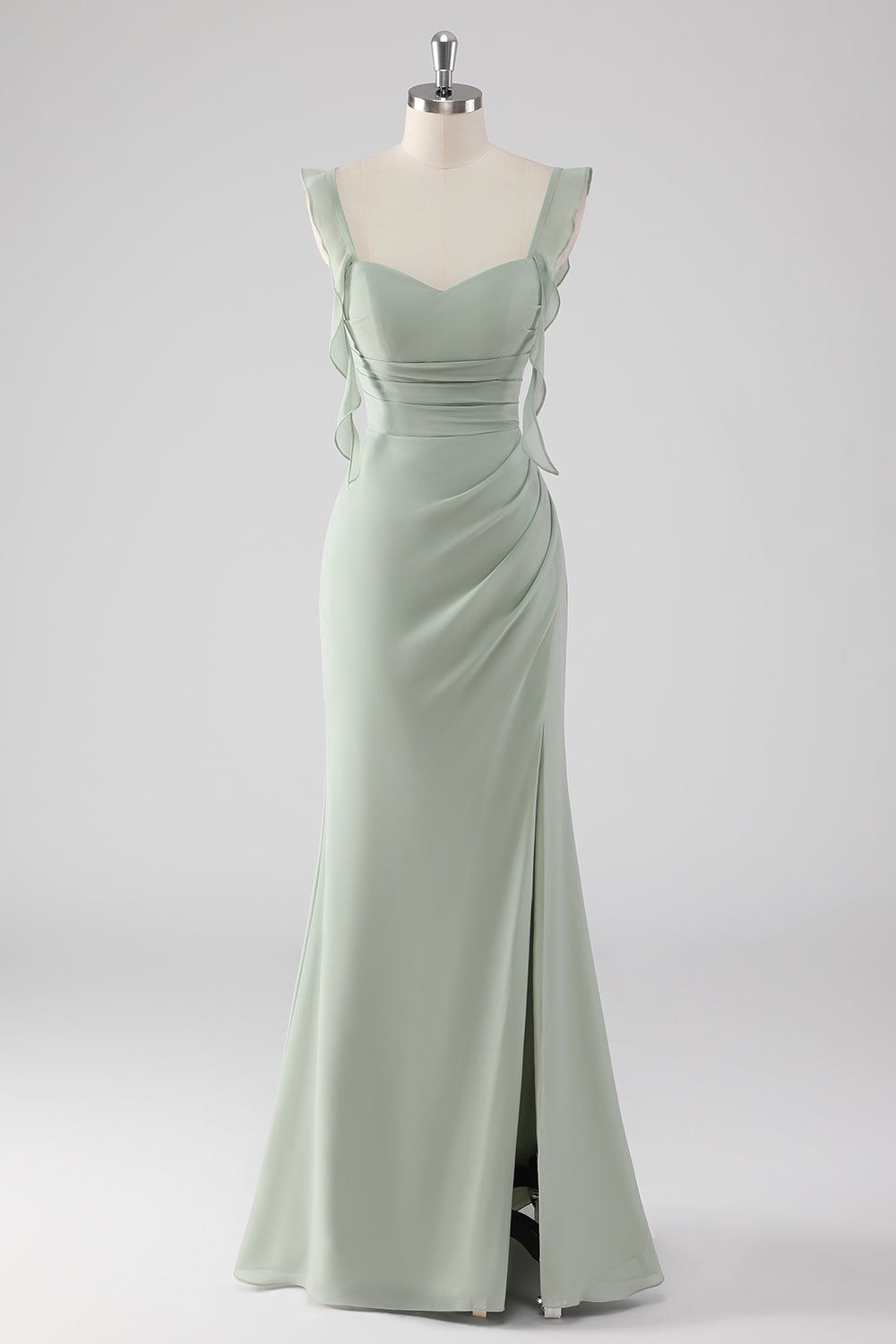 elegant dresses_Sage Green Ruffled Sheath Lace-Up Back Long Bridesmaid Dress with Slit