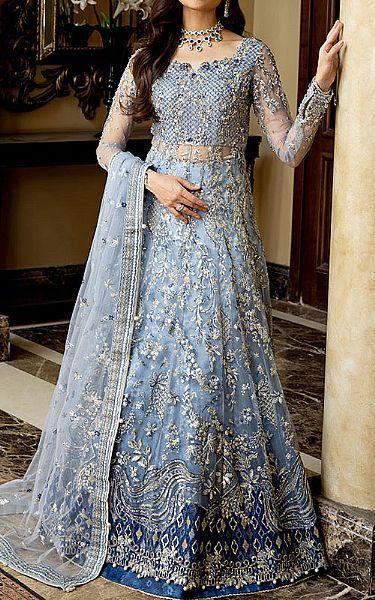 Pakistani dresses_Sky Blue Net Suit | Mushq Pakistani Chiffon Dresses | Custom Stitched Pakistan Chiffon Suits