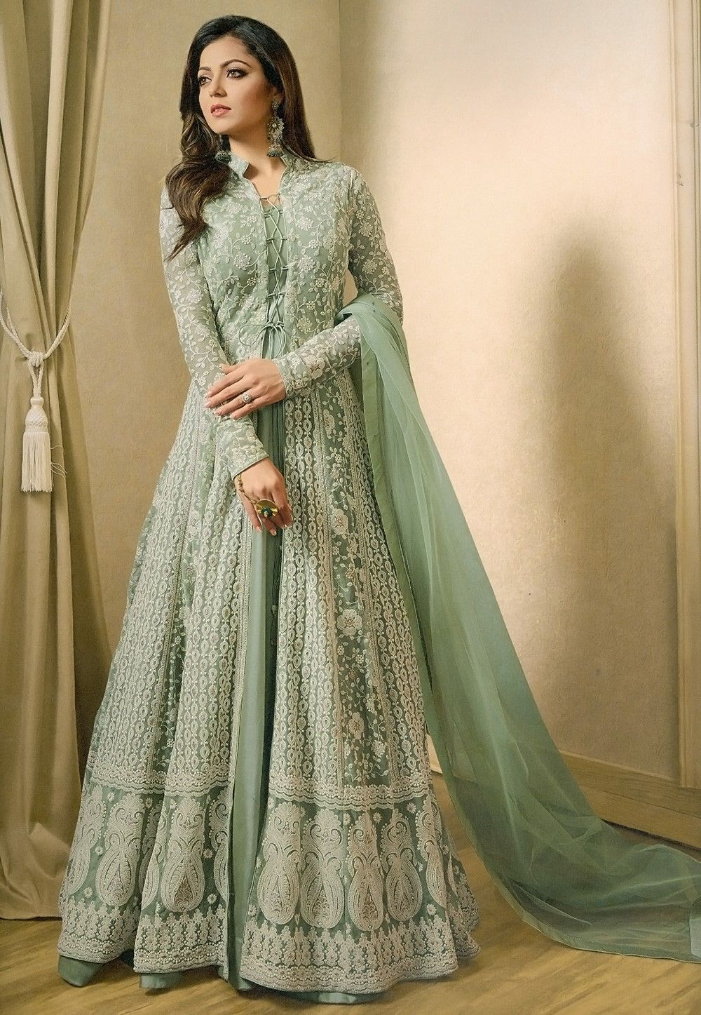 Anarkali dresses_Embroidered Net Abaya Style Suit in Pastel Green