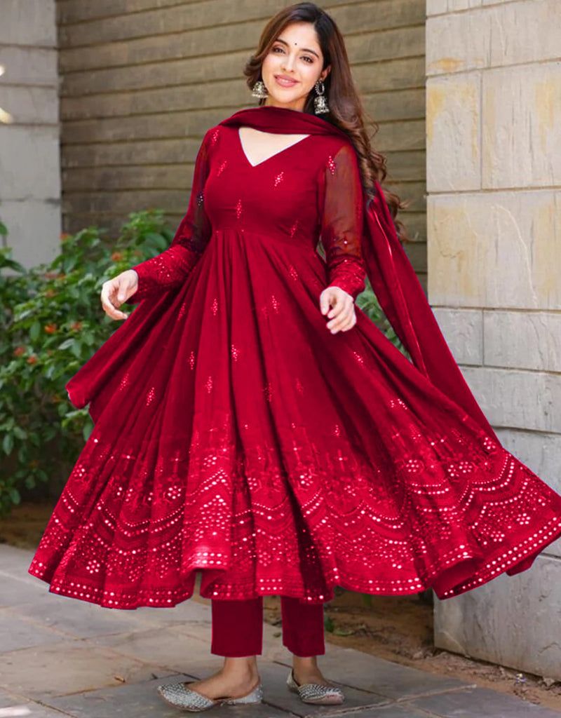 Anarkali dresses_Glamorous Maroon Fox Georgette Traditional Function Wear Readymade Anarkali Suit Collection With Maroon Fox Georgette