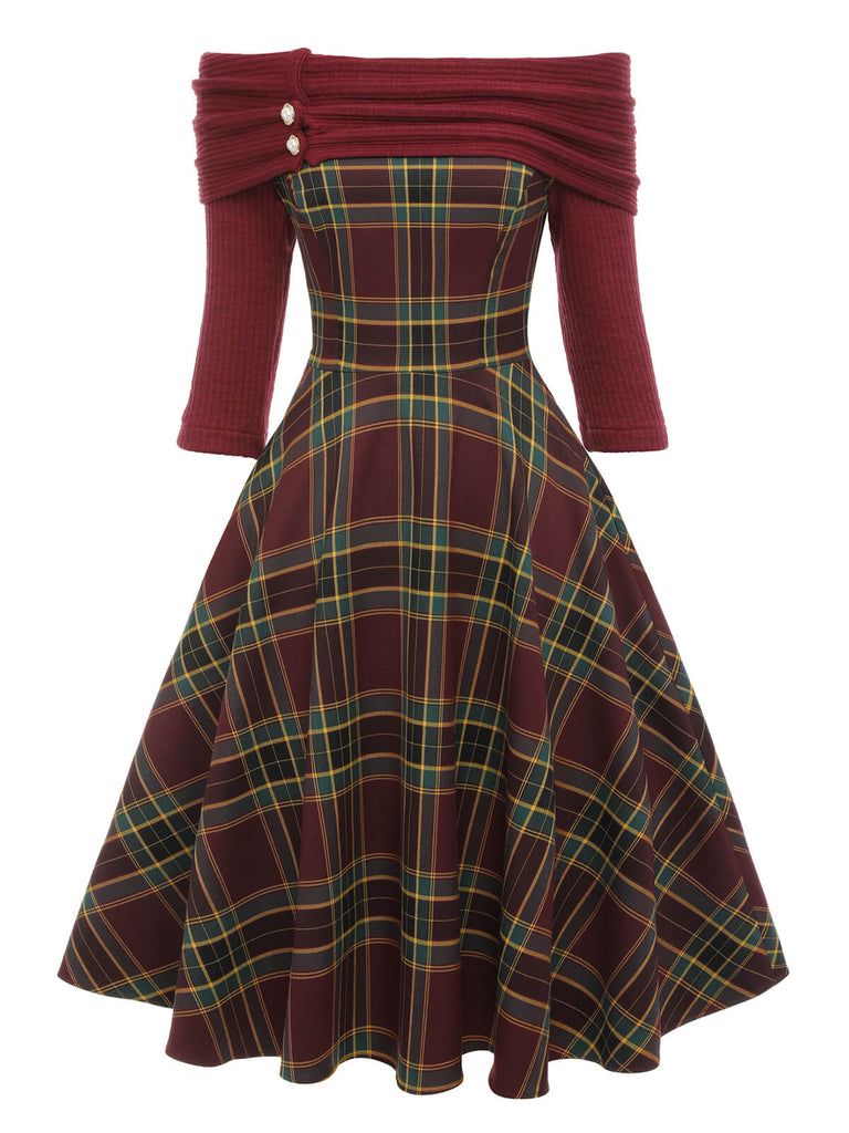 impress outfits_Wine Red 1950s Plaids Off-Shoulder Dress