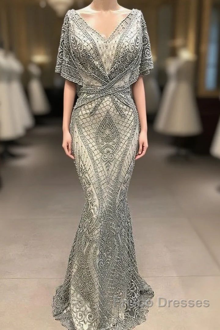 elegant dresses_Modest Evening Dress Long Gray Lace Appliqu篓娄 Beaded Elegant Mermaid Formal Prom Dress - Picture Color / US8