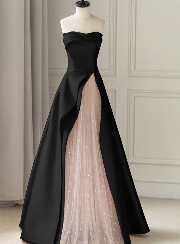 elegant dresses_Black Satin Pink Tulle Strapless Prom Dress