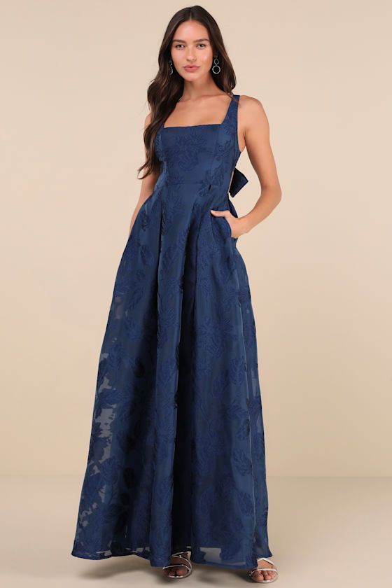 formal dresses_Perfected Aura Navy Jacquard Tie-Back Maxi Dress with Pockets
