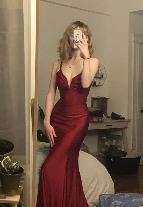 formal dresses_Mermaid V Neck Cross Back Burgundy Satin Long Prom Dress