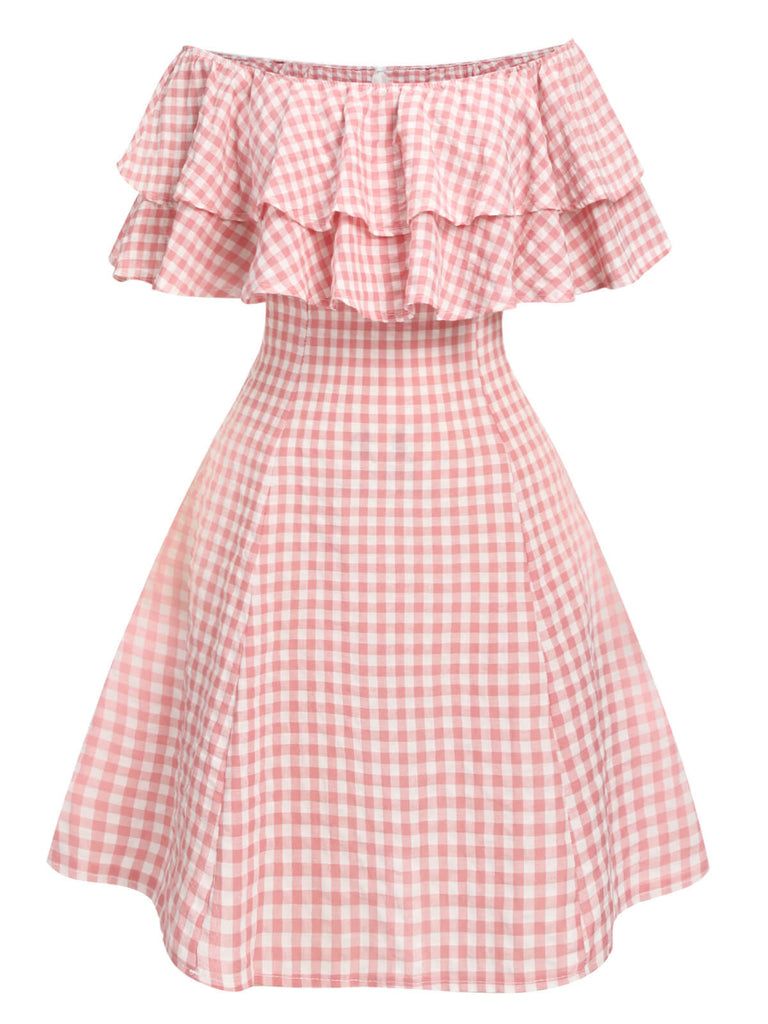 impress outfits_Pink 1950s Plaid Cotton Off-Shoulder Dress