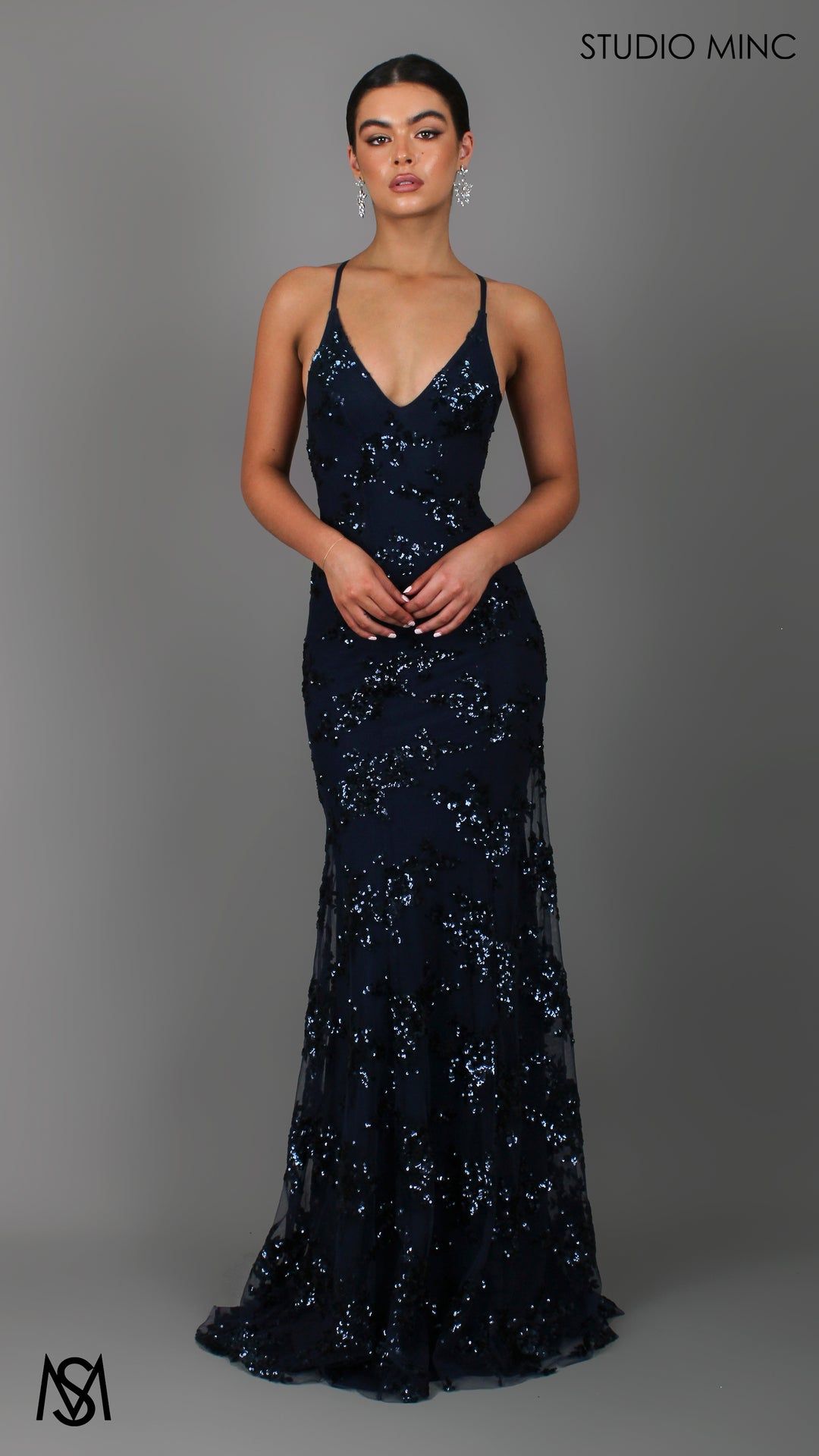 formal dresses_JADORE - Navy Blue Formal Dress with Sequin Overlay & Backless Lace Up