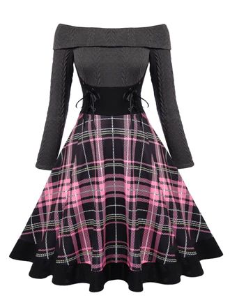 impress outfits_Plaids 1950s Off Shoulder Knitted Dress