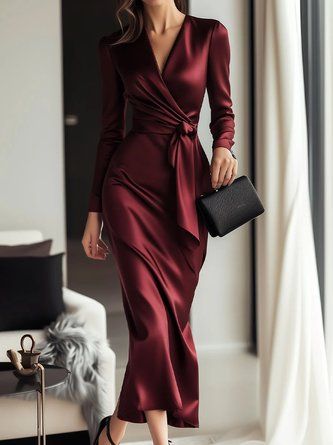 impress outfits_StyleWe Women Elegant Midi Dress Natural X-Line Cross Neck Satin Spring/Fall For Prom